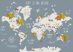 Tapete Illustrierte Weltkarte Tiere grau