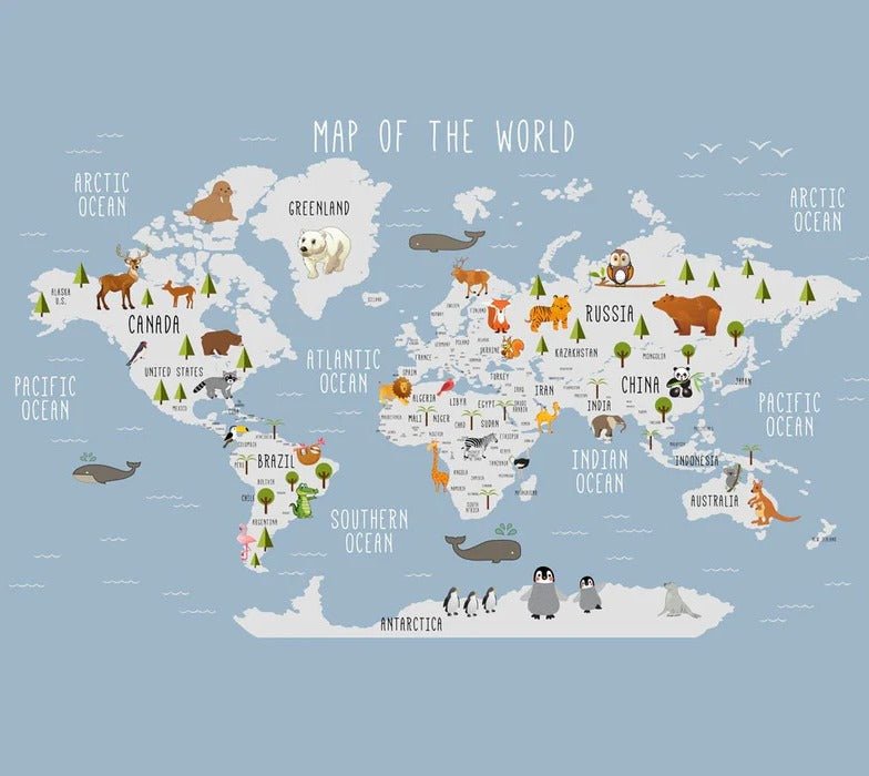 Papier peint Carte du monde illustrée Animaux, XXL, tendance