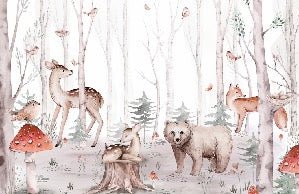 Kinder Aquarelltapete Tiere Wald