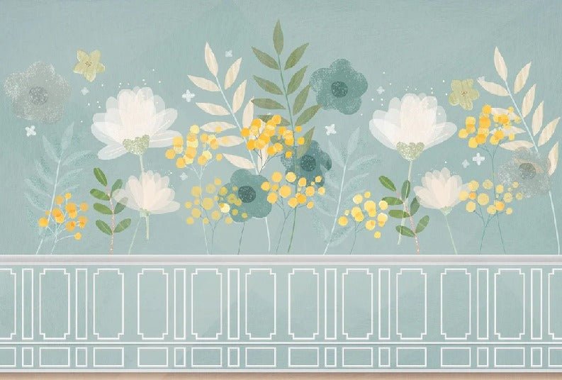 Tapete für die Küche in Wassergrün und frühlingshaften Blumenmustern