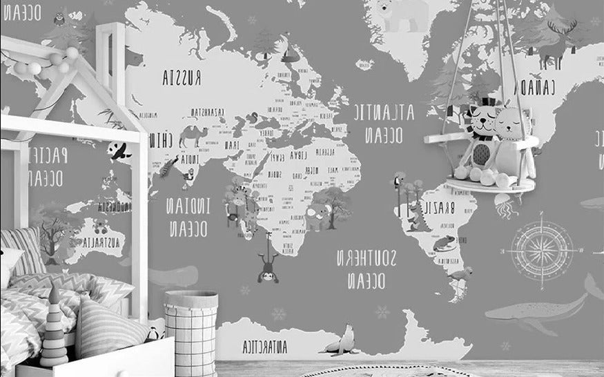 Tapete für Kinderzimmer mit grauen Tieren