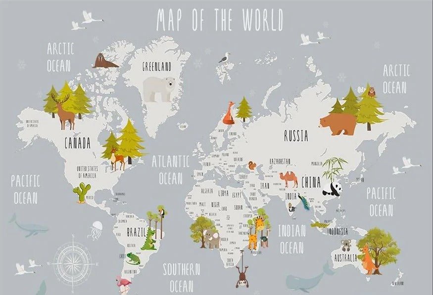 Tapete Kinderzimmer Map Tiere hellgrau