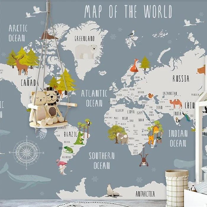 Papier peint chambre enfant map animaux gris, XXL, tendance