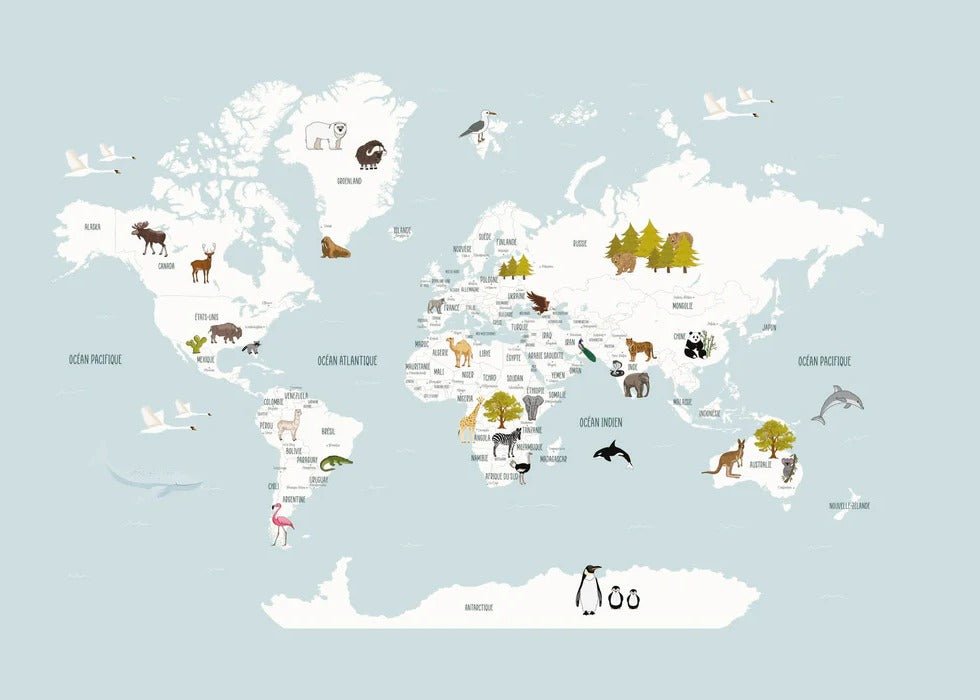 Tapete Weltkarte auf Französisch für Kinder in Eisblau