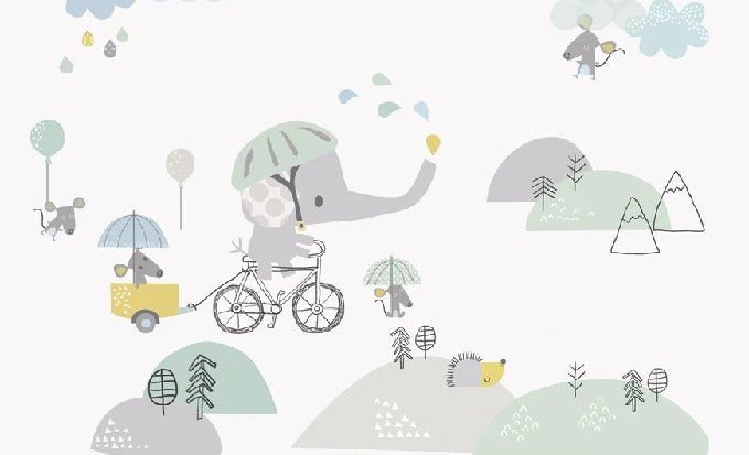 Tapete Babyzimmer Elefant auf dem Fahrrad