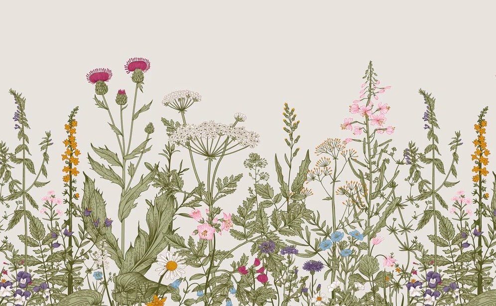 Papel tapiz romántico con flores botánicas y populares (Romanische Tapeten mit botanischen und volkstümlichen Blumen)