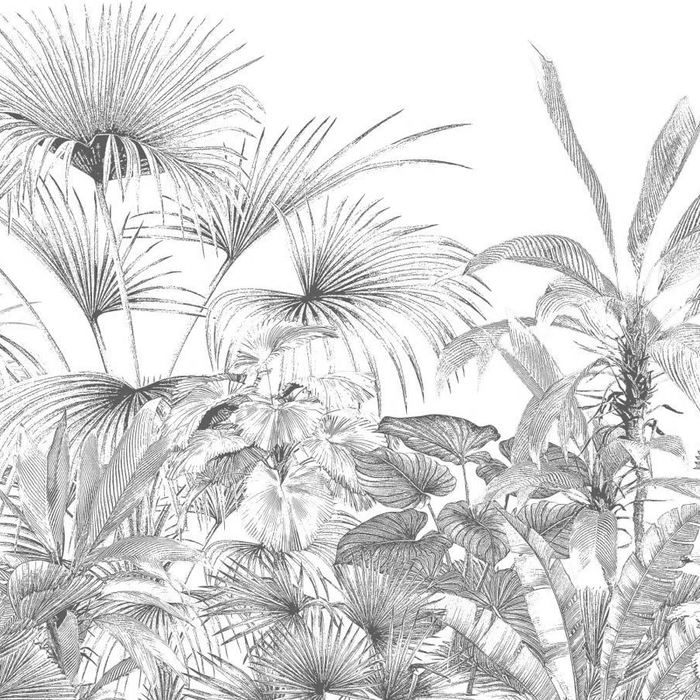 Tropische Tapete, monochromer Schwarz-Weiß-Druck – H 100 cm x B 100 cm – Material: Softouch