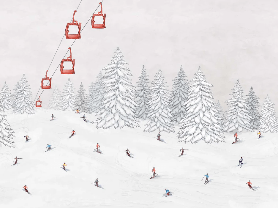 Tapete „Skilift mit bunten Skifahrern“ – H 166 cm x B 222 cm – Material: Softouch