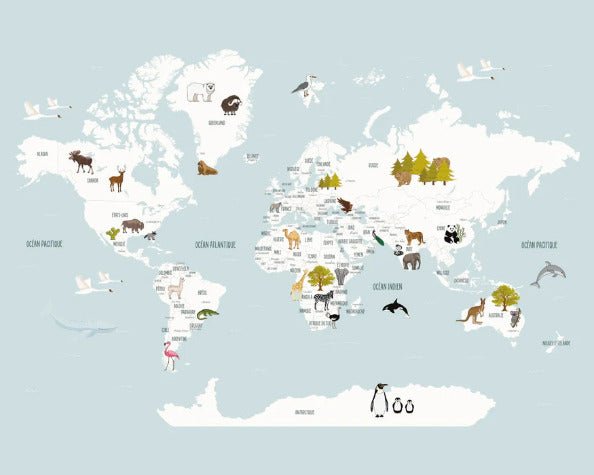 Tapete Weltkarte auf Französisch für Kinder in Eisblau