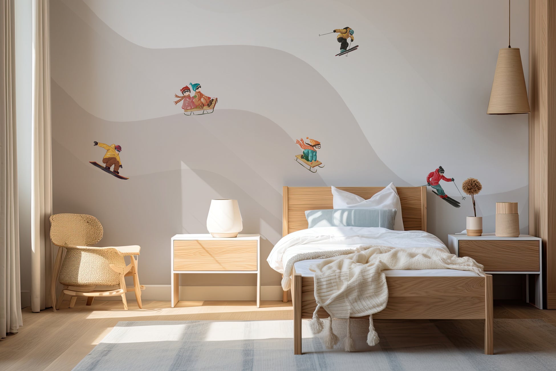 Papier peint enfant skieurs beige, XXL, tendance
