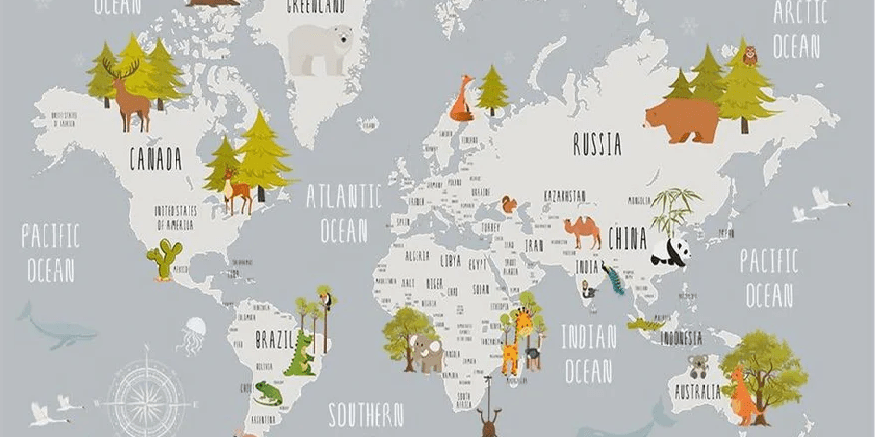 Tapete für Kinderzimmer mit hellgrauen Tieren