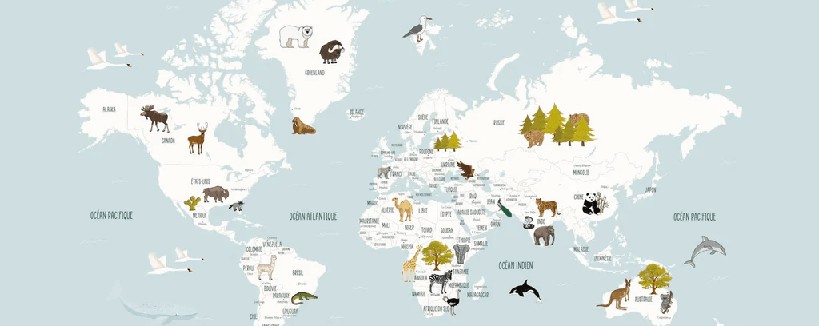 Tapete Weltkarte auf Französisch für Kinder in Eisblau