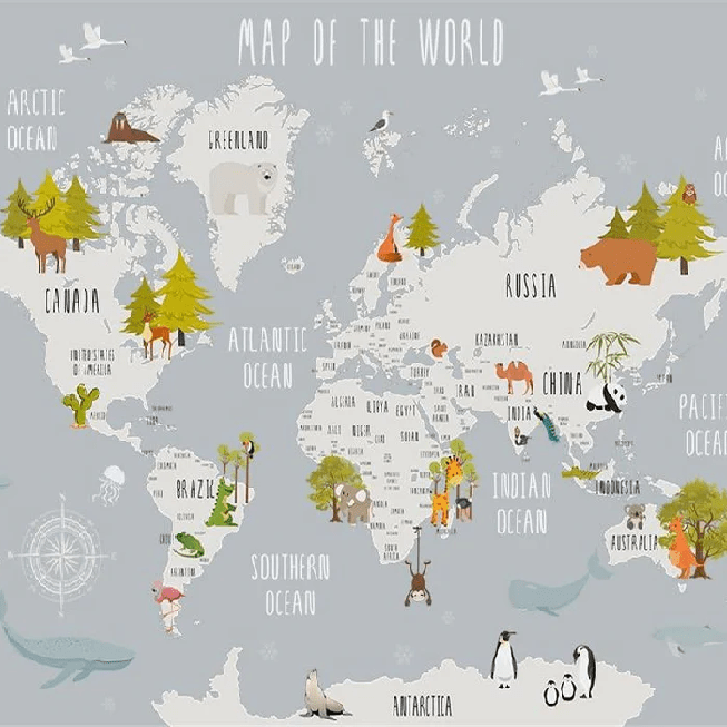 Tapete für Kinderzimmer mit hellgrauen Tieren