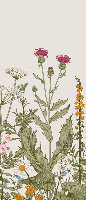 Romantische Tapete mit botanischem Blumenmuster im Folk-Stil