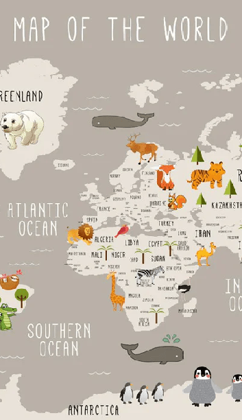 Illustrierte Weltkarte Tiere Maulwurf