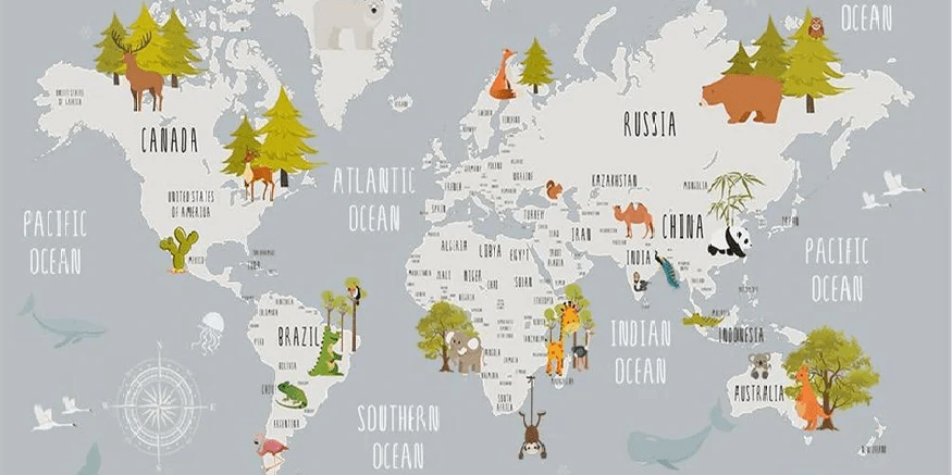 Tapete für Kinderzimmer mit hellgrauen Tieren