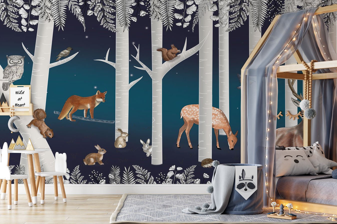 Papier peint enfant bois enchanté et ses animaux nuit étoilée, XXL, tendance