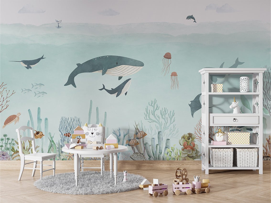 Papier peint bébé baleines bleu, XXL, tendance