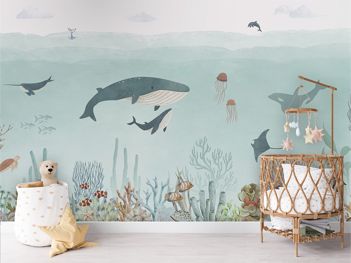 Papier peint bébé baleines bleu, XXL, tendance