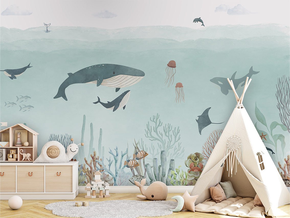 Papier peint bébé baleines bleu, XXL, tendance
