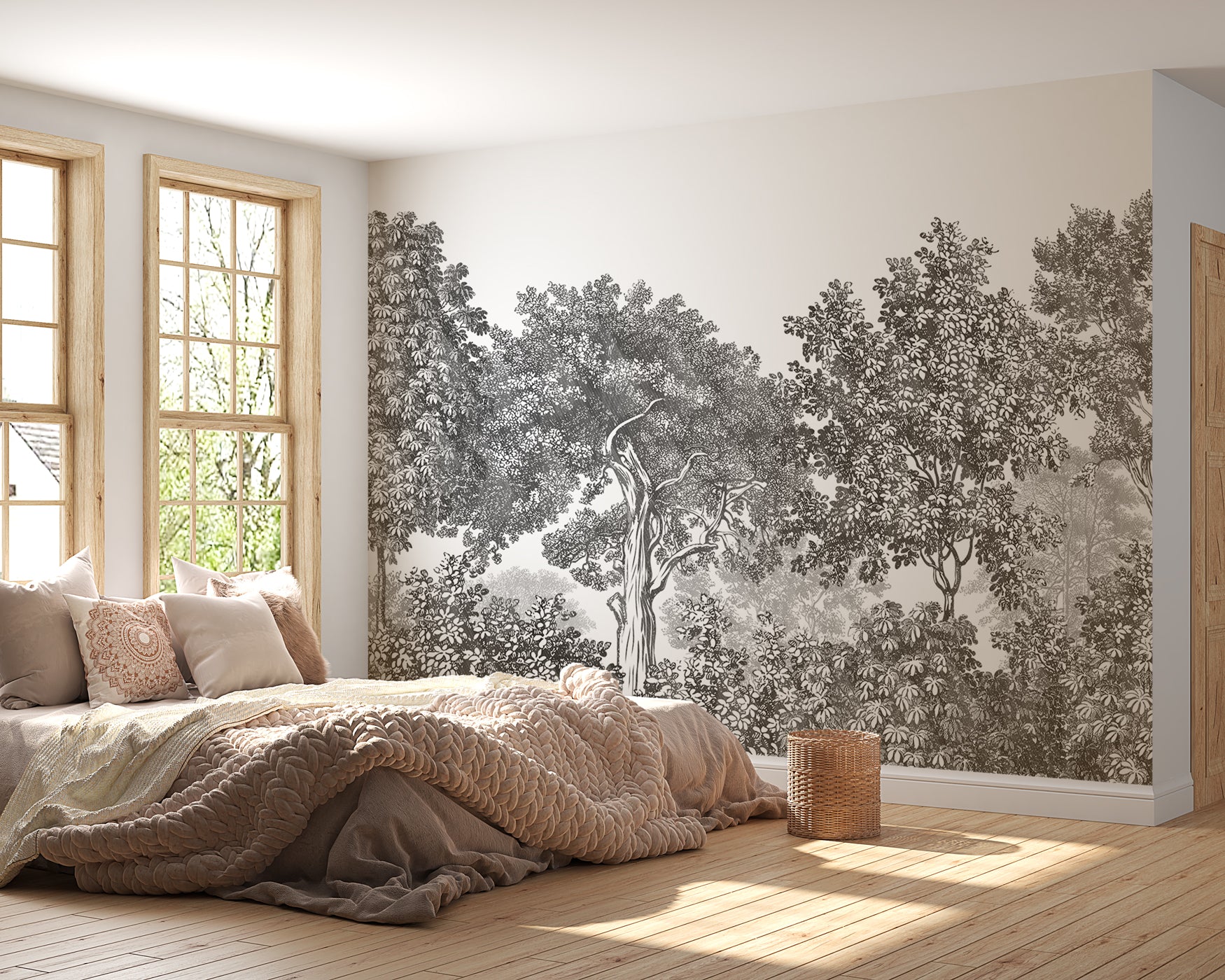 Papier peint paysage forêt gravure noir et blanc, XXL, tendance
