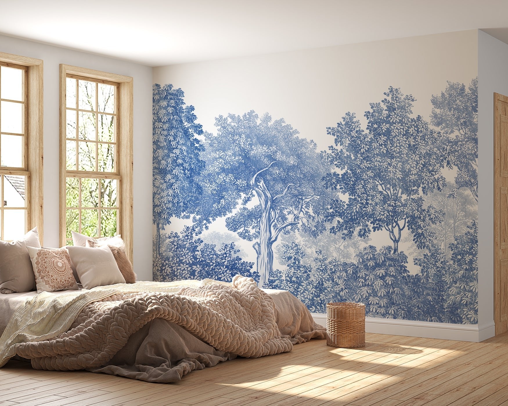 Papier peint paysage forêt gravure bleu, XXL, tendance