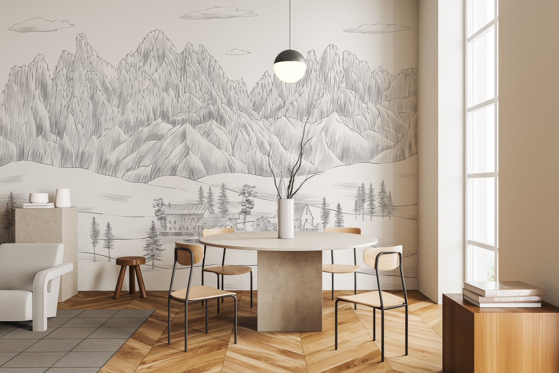 Papier peint paysage italien Dolomites noir blanc, XXL, tendance