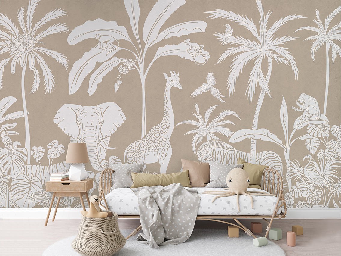 Papier peint enfant safari monochrome beige, XXL, tendance