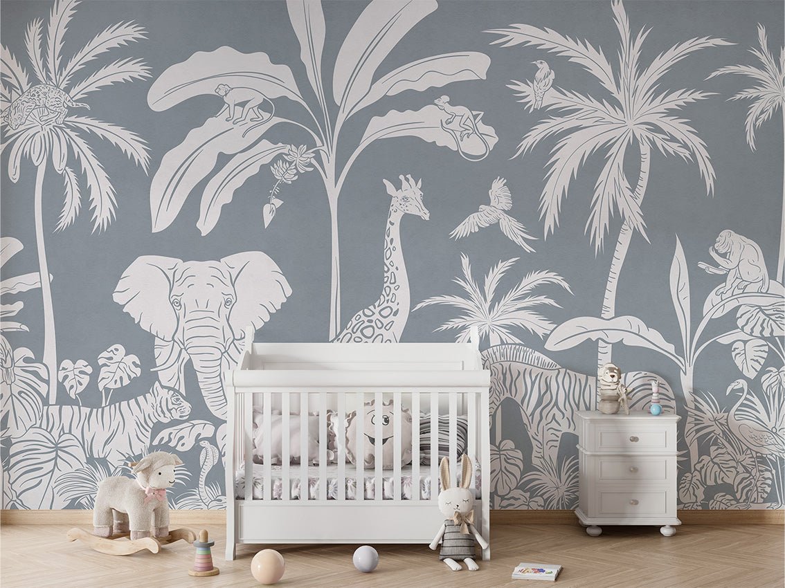 Papier peint enfant safari monochrome bleu, XXL, tendance