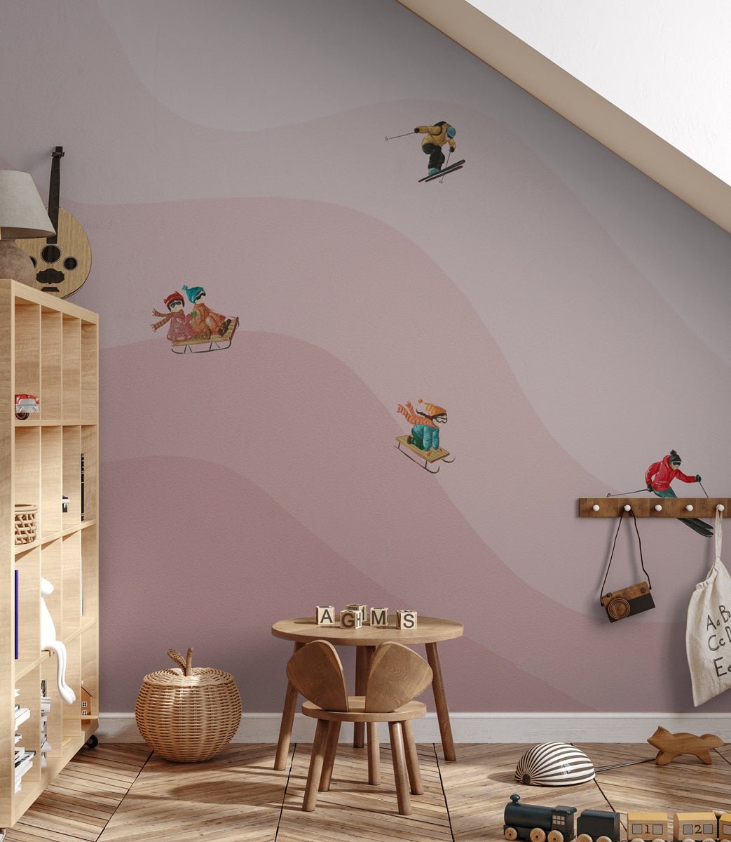 Papier peint enfant skieurs rose, XXL, tendance