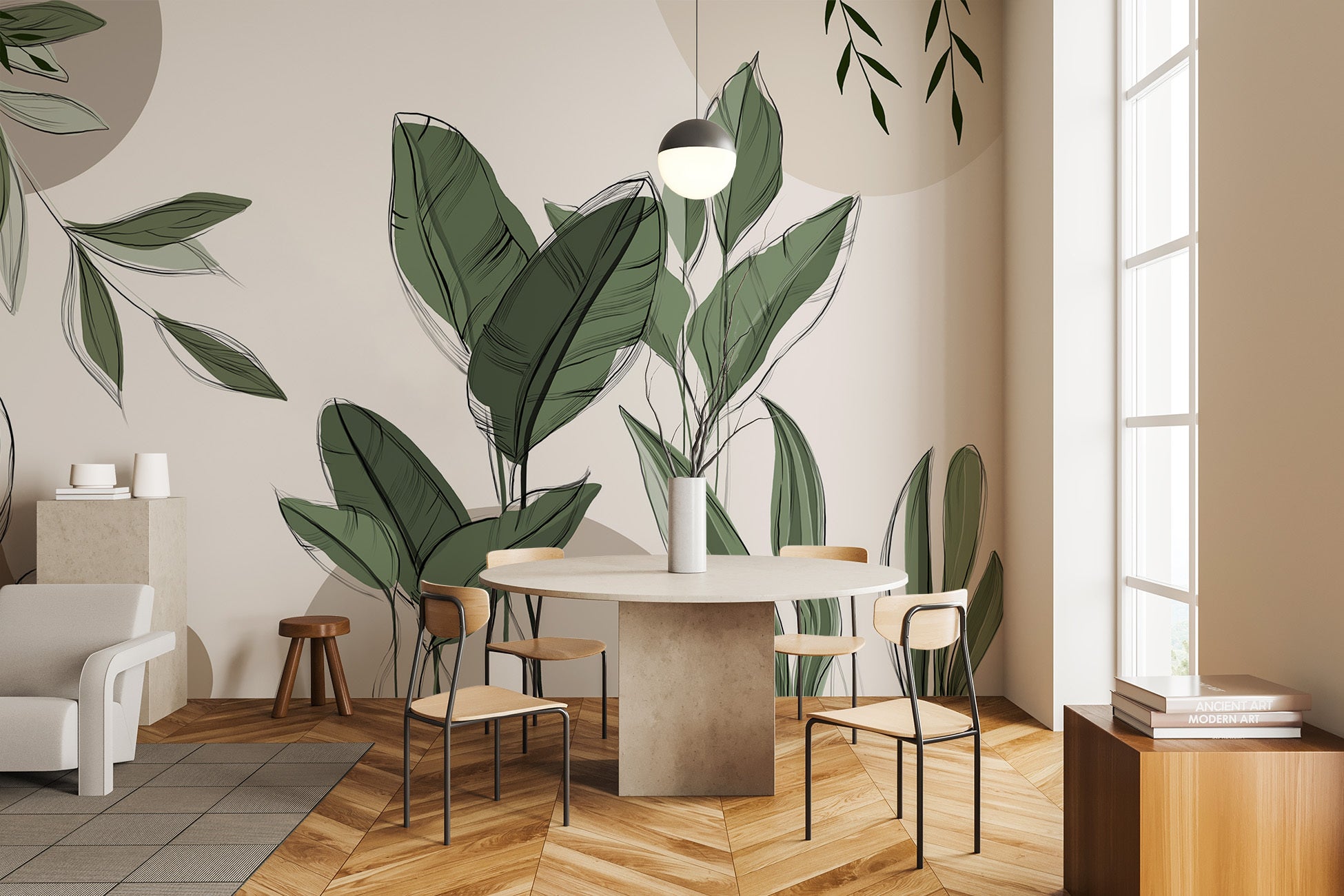 Papier peint panoramique végétal graphique taupe, XXL, tendance