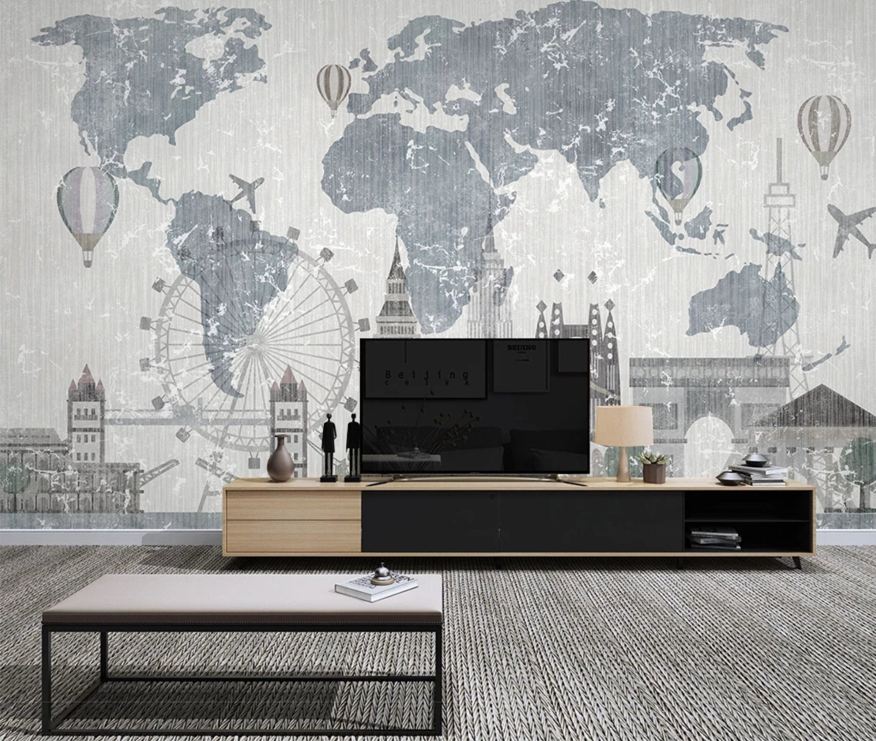 Papier peint Carte du monde Vintage & Monuments - papier peint sur mesure francais - muralconcept