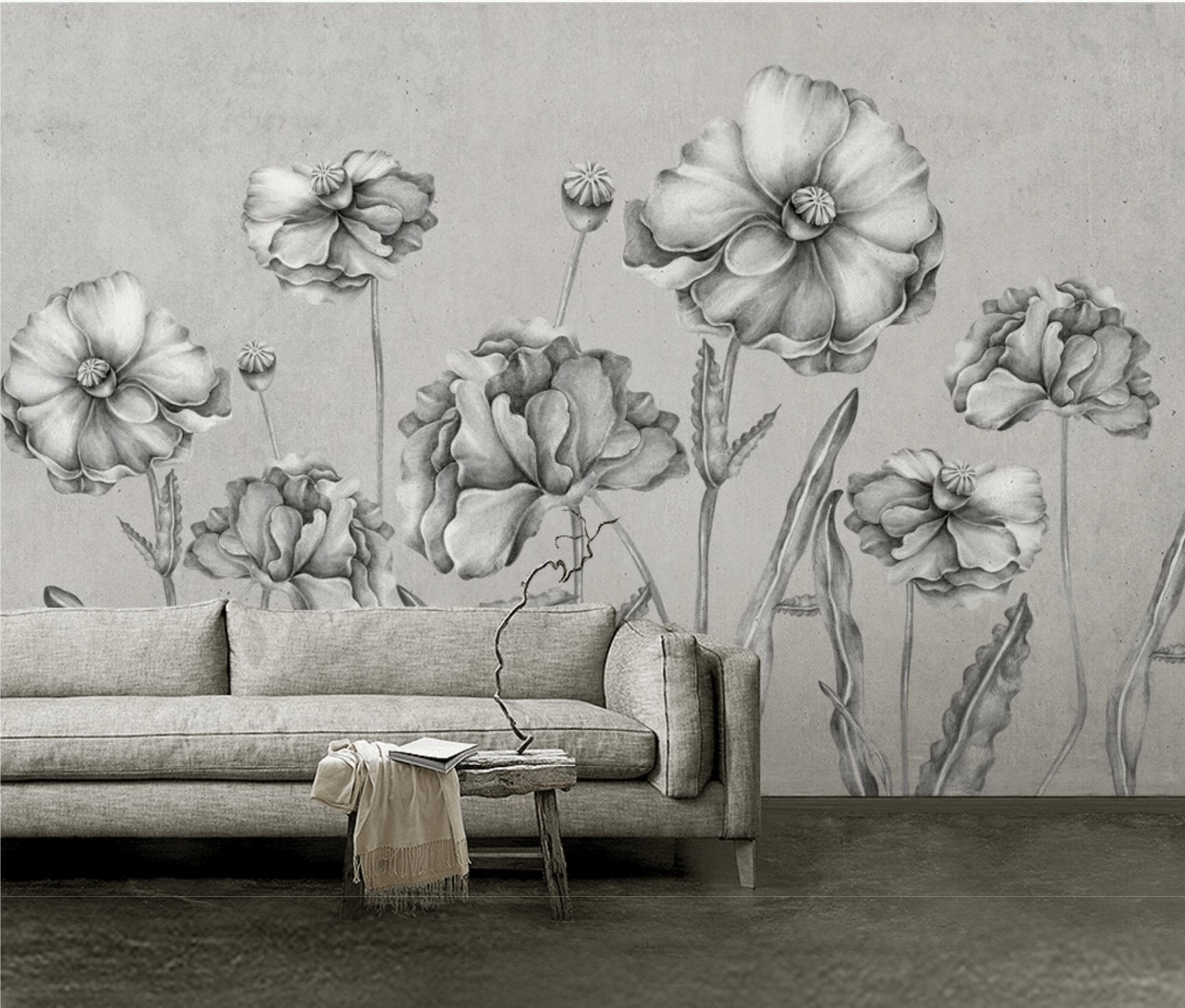 Papier peint fleurs bucoliques noires et blanches - papier peint sur mesure francais - muralconcept