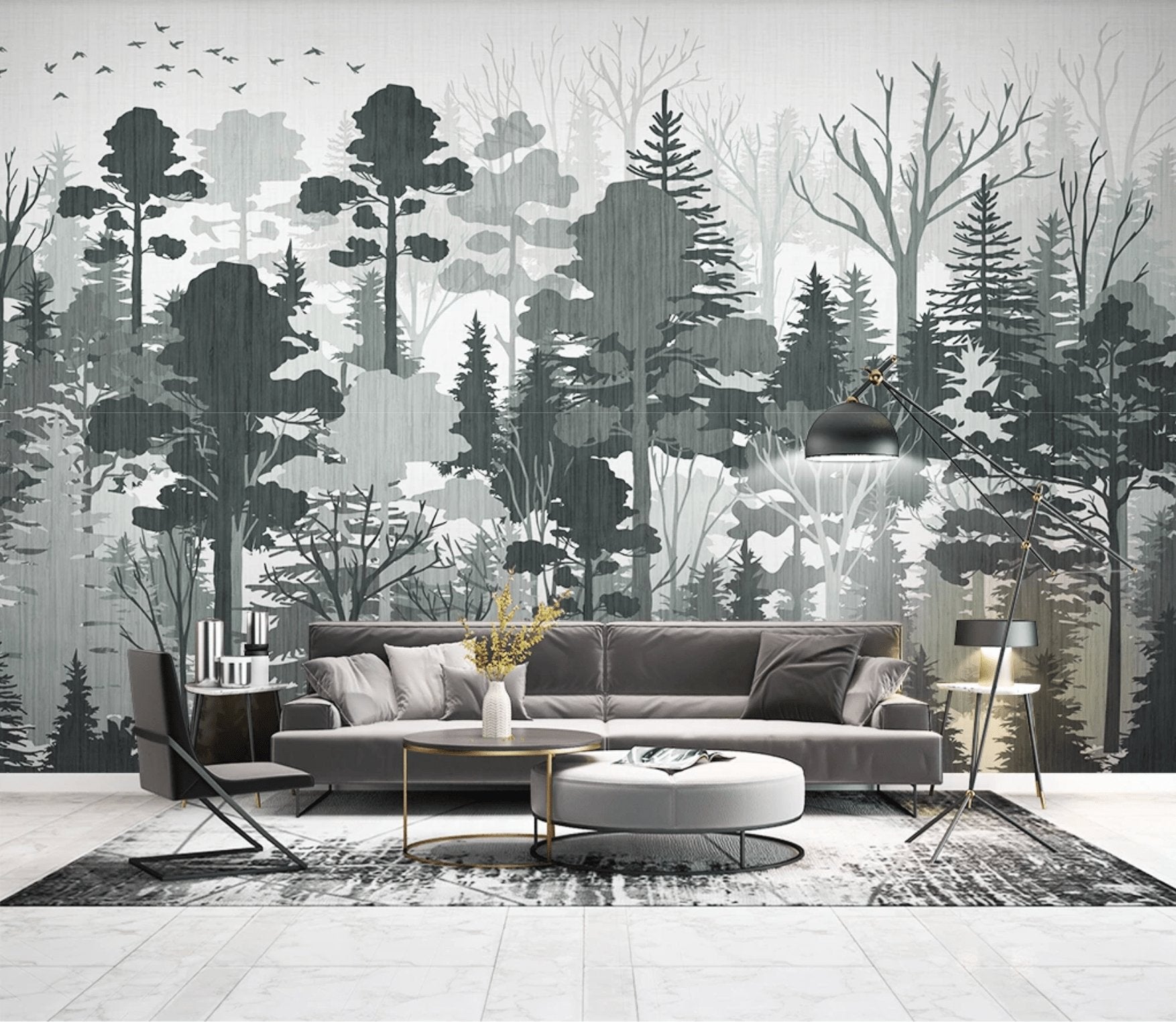 Papier peint panoramique nature forêt Noir et Blanc - papier peint sur mesure francais - muralconcept
