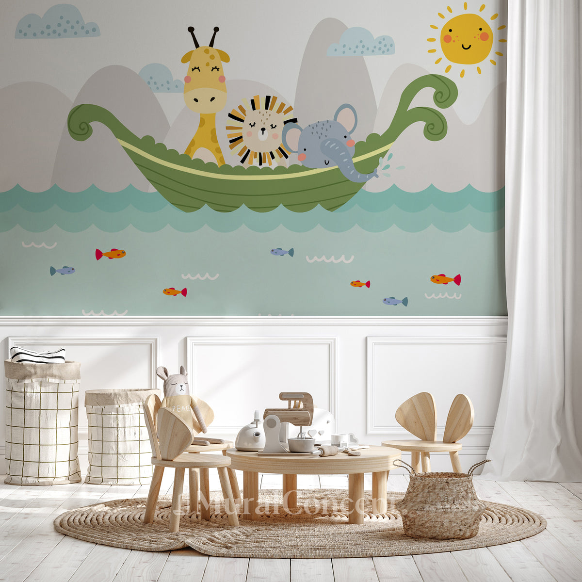 Tapete Babyzimmer Boot Tiere