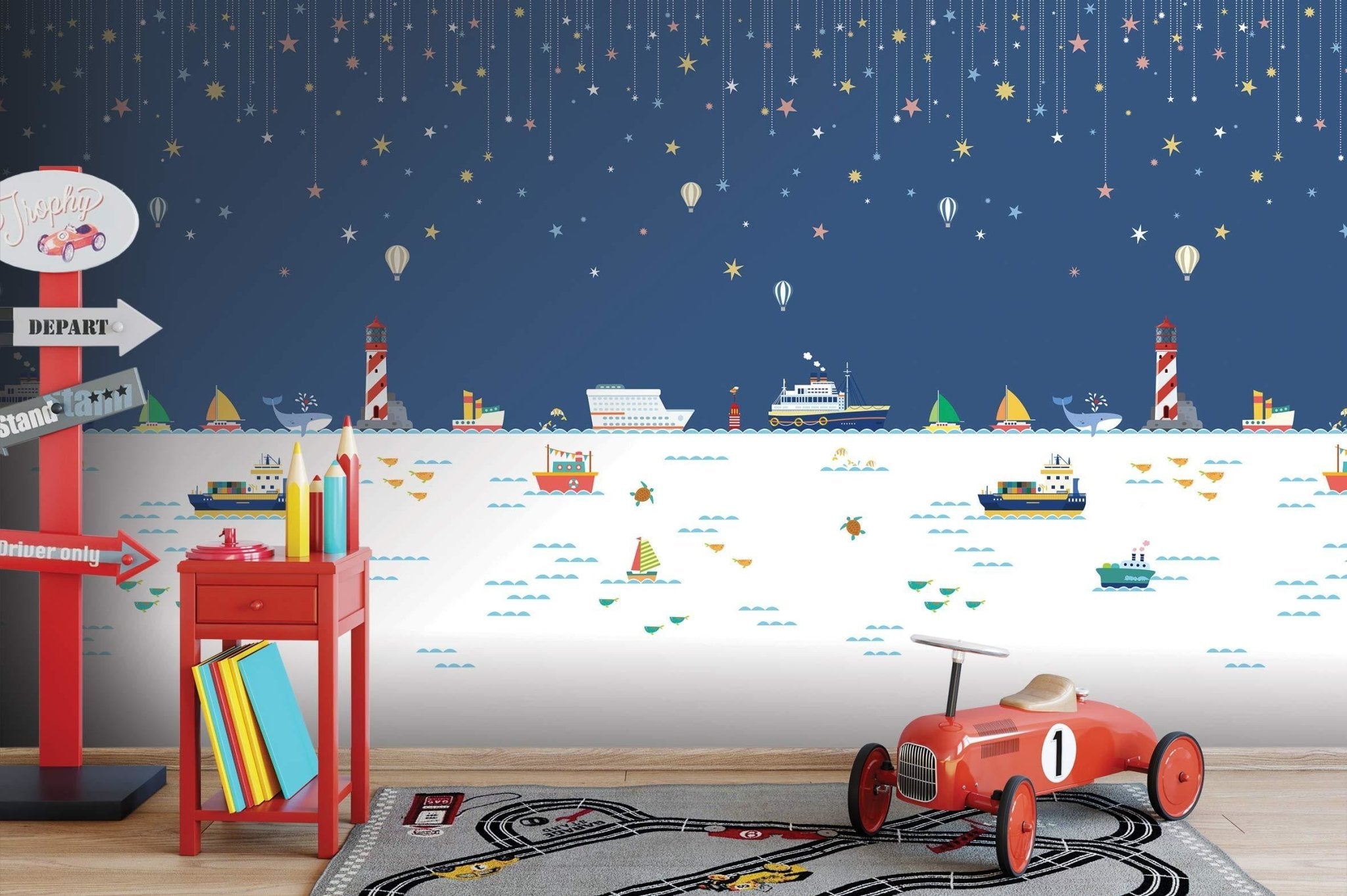 Papier peint enfant mer bateau océan - papier peint sur mesure francais - muralconcept