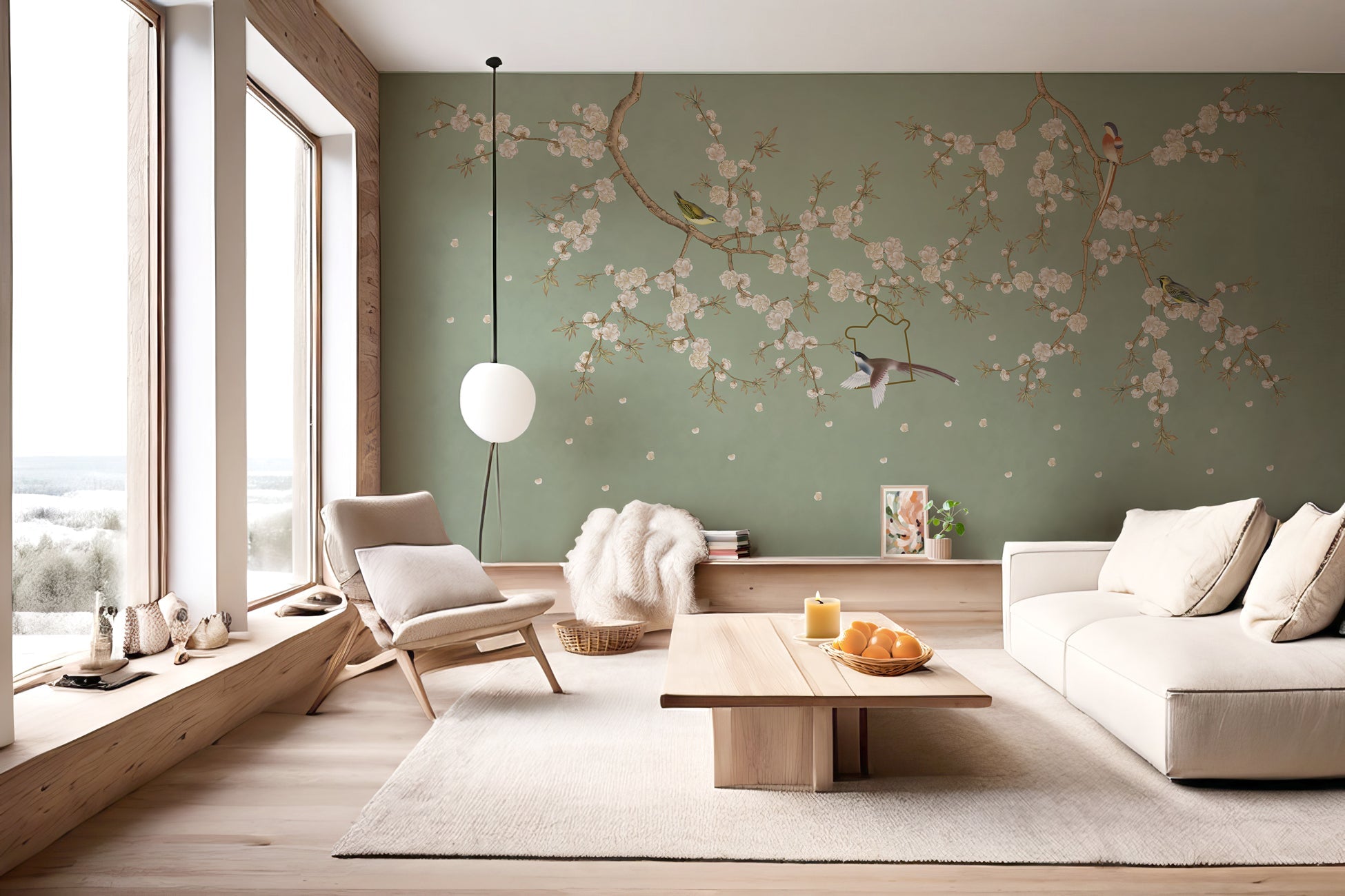 Modern living room with floral wall, sofa, and wooden furniture.
