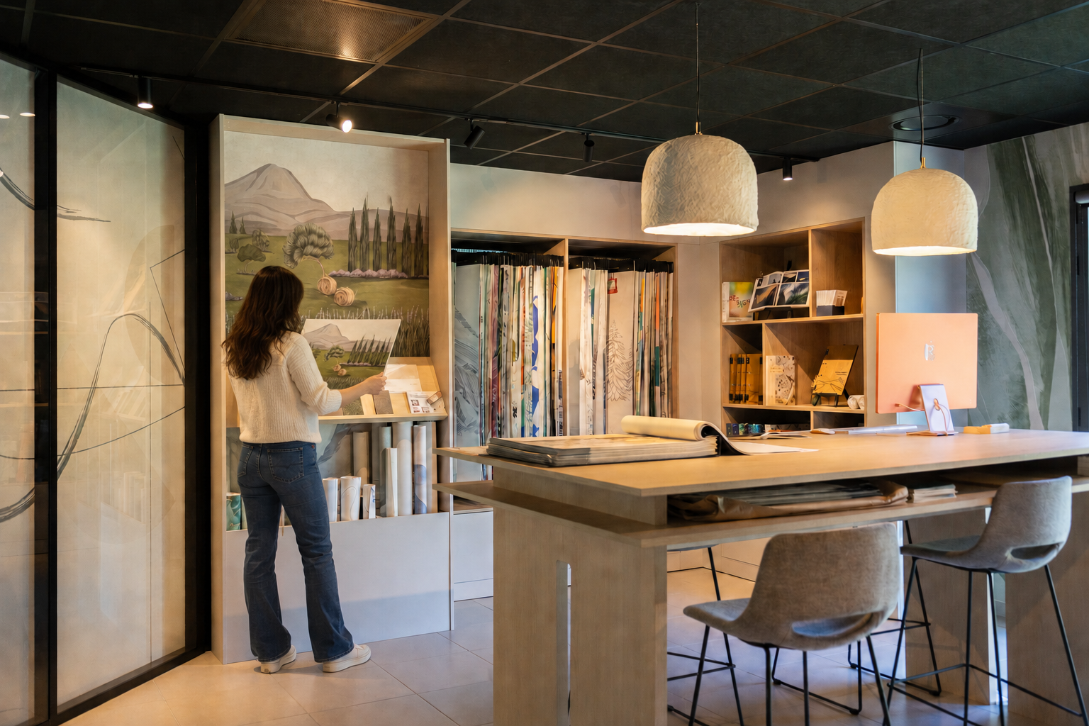 A woman examines design samples in a modern interior design studio.