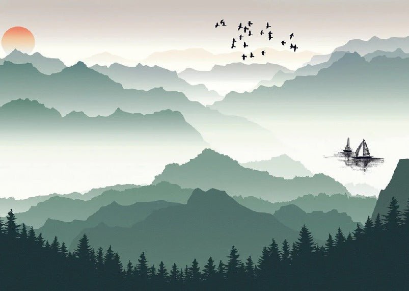 Tapete Berge und Segel auf dem See