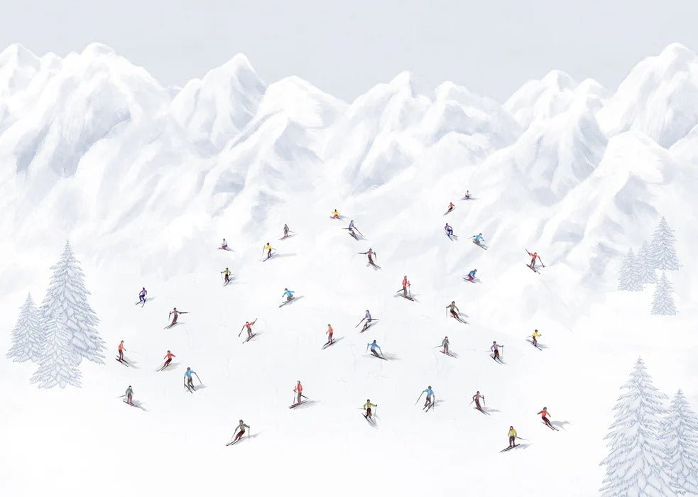 Tapete Berg Skifahrer bunt