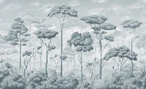 Panorama-Tapete Pinienwald Volupté Blau Silber