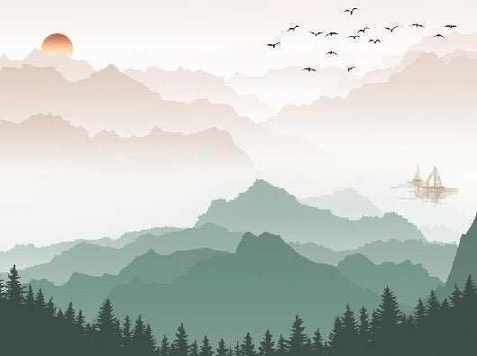 Papier peint montagne dans brume terracotta, XXL, tendance