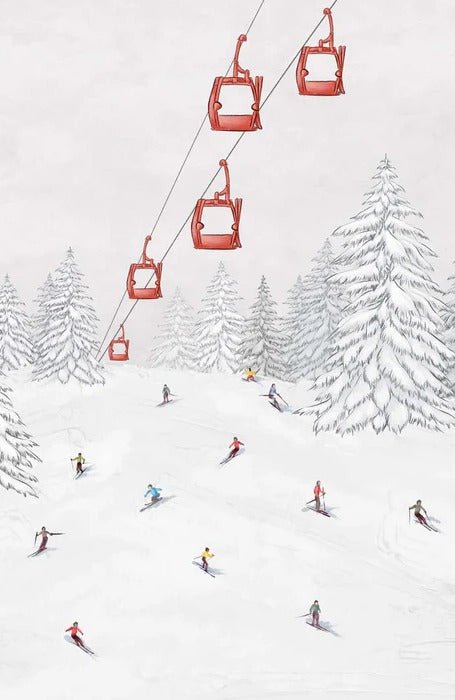 Tapete Gondelbahn Skifahrer bunt