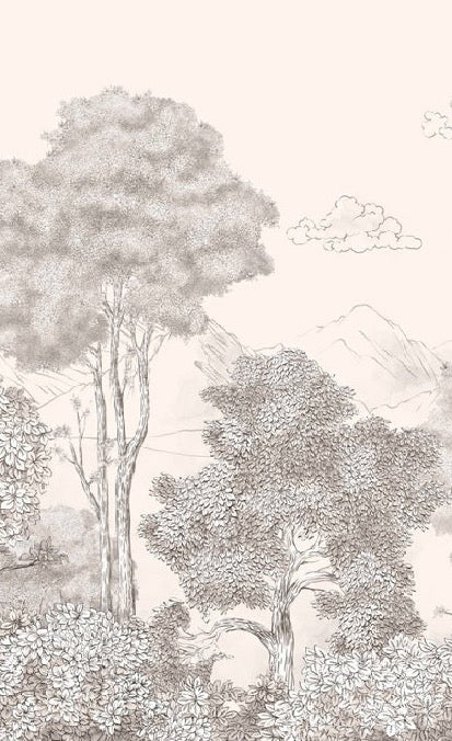 Papier peint panoramique Forêts et Monts Crayonnés Beige, XXL, tendance
