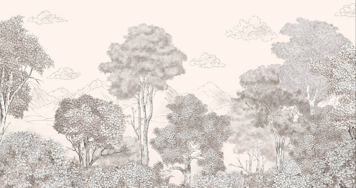 Papier peint panoramique Forêts et Monts Crayonnés Beige, XXL, tendance