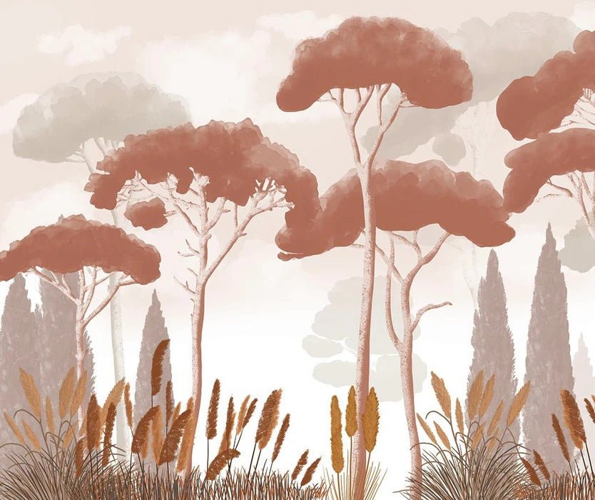 Papier peint cyprès pins et herbes de la pampa terracotta, XXL, tendance