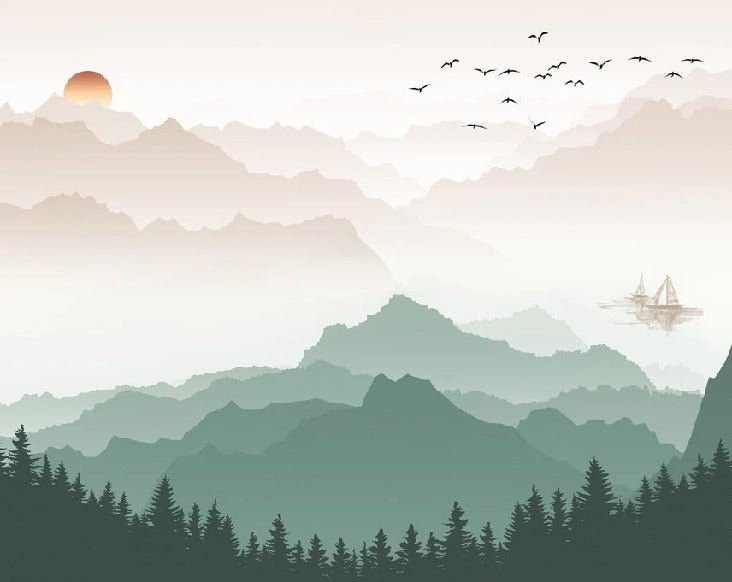 Papier peint montagne dans brume terracotta, XXL, tendance