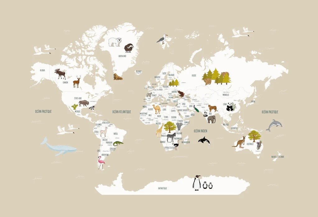 Papier peint Carte du monde en Francais enfant beige, XXL, tendance