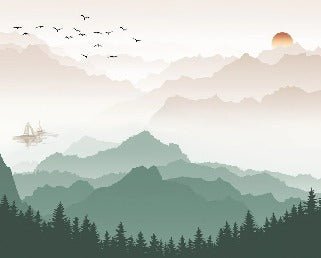 Papier peint montagne dans brume terracotta, XXL, tendance