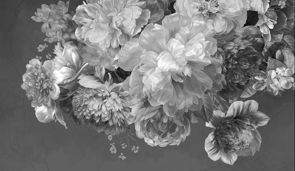 Tapete Pfingstrosenblüte schwarz und weiß